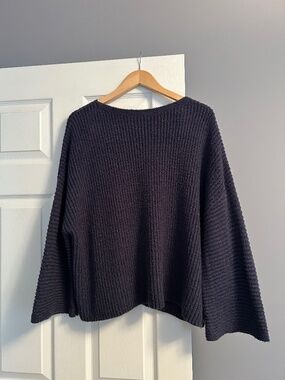 Oversized Slate Blue Chunky Ribbed Knit Wide Sleeve Sweater